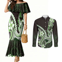 Green Black Aloha Hawaii Couples Matching Mermaid Dress and Long Sleeve Button Shirt Polynesian Shark Tattoo Plumeria LT14 Green - Polynesian Pride