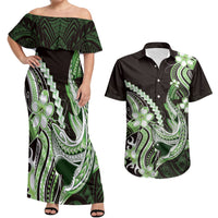 Green Black Aloha Hawaii Couples Matching Off Shoulder Maxi Dress and Hawaiian Shirt Polynesian Shark Tattoo Plumeria LT14 Green - Polynesian Pride