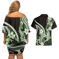 Green Black Aloha Hawaii Couples Matching Off Shoulder Short Dress and Hawaiian Shirt Polynesian Shark Tattoo Plumeria LT14 - Polynesian Pride