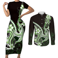 Green Black Aloha Hawaii Couples Matching Short Sleeve Bodycon Dress and Long Sleeve Button Shirt Polynesian Shark Tattoo Plumeria LT14 Green - Polynesian Pride