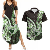 Green Black Aloha Hawaii Couples Matching Summer Maxi Dress and Hawaiian Shirt Polynesian Shark Tattoo Plumeria LT14 Green - Polynesian Pride