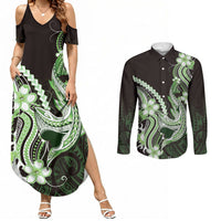 Green Black Aloha Hawaii Couples Matching Summer Maxi Dress and Long Sleeve Button Shirt Polynesian Shark Tattoo Plumeria LT14 Green - Polynesian Pride