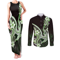 Green Black Aloha Hawaii Couples Matching Tank Maxi Dress and Long Sleeve Button Shirt Polynesian Shark Tattoo Plumeria LT14 Green - Polynesian Pride