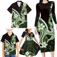 Green Black Aloha Hawaii Family Matching Long Sleeve Bodycon Dress and Hawaiian Shirt Polynesian Shark Tattoo Plumeria LT14 - Polynesian Pride