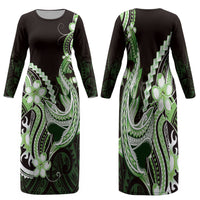 Green Black Aloha Hawaii Family Matching Long Sleeve Bodycon Dress and Hawaiian Shirt Polynesian Shark Tattoo Plumeria LT14 Mom's Dress Green - Polynesian Pride