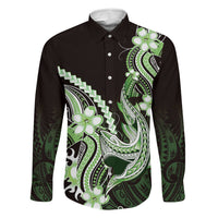 Green Black Aloha Hawaii Family Matching Long Sleeve Bodycon Dress and Hawaiian Shirt Polynesian Shark Tattoo Plumeria LT14 Daughter's Dress Green - Polynesian Pride