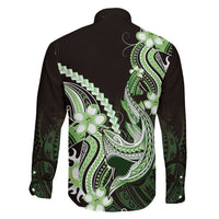 Green Black Aloha Hawaii Family Matching Long Sleeve Bodycon Dress and Hawaiian Shirt Polynesian Shark Tattoo Plumeria LT14 Son's Shirt Green - Polynesian Pride