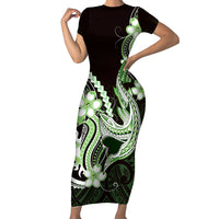 Green Black Aloha Hawaii Family Matching Short Sleeve Bodycon Dress and Hawaiian Shirt Polynesian Shark Tattoo Plumeria LT14 Mom's Dress Green - Polynesian Pride