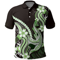 Green Black Aloha Hawaii Polo Shirt Polynesian Shark Tattoo Plumeria LT14 Green - Polynesian Pride