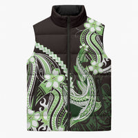 Green Black Aloha Hawaii Sleeveless Puffer Jacket Polynesian Shark Tattoo Plumeria