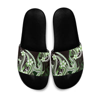 Green Black Aloha Hawaii Slide Sandals Polynesian Shark Tattoo Plumeria