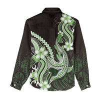 Green Black Aloha Hawaii Women Casual Shirt Polynesian Shark Tattoo Plumeria