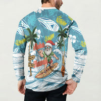 Hawaii Summer Christmas Button Sweatshirt Surfing Santa Shaka Catch The Wave