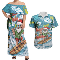 Hawaii Summer Christmas Couples Matching Off Shoulder Maxi Dress and Hawaiian Shirt Surfing Santa Shaka Catch The Wave LT14 Teal - Polynesian Pride