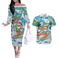 Hawaii Summer Christmas Couples Matching Off The Shoulder Long Sleeve Dress and Hawaiian Shirt Surfing Santa Shaka Catch The Wave LT14 Teal - Polynesian Pride