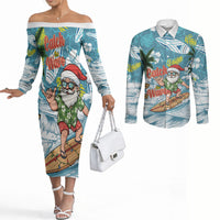 Hawaii Summer Christmas Couples Matching Off The Shoulder Long Sleeve Dress and Long Sleeve Button Shirt Surfing Santa Shaka Catch The Wave LT14 Teal - Polynesian Pride