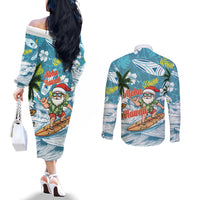 Hawaii Summer Christmas Couples Matching Off The Shoulder Long Sleeve Dress and Long Sleeve Button Shirt Surfing Santa Shaka Catch The Wave