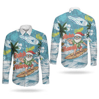 Hawaii Summer Christmas Couples Matching Short Sleeve Bodycon Dress and Long Sleeve Button Shirt Surfing Santa Shaka Catch The Wave LT14 - Polynesian Pride