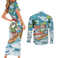 Hawaii Summer Christmas Couples Matching Short Sleeve Bodycon Dress and Long Sleeve Button Shirt Surfing Santa Shaka Catch The Wave