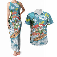 Hawaii Summer Christmas Couples Matching Tank Maxi Dress and Hawaiian Shirt Surfing Santa Shaka Catch The Wave LT14 Teal - Polynesian Pride