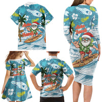 Hawaii Summer Christmas Family Matching Long Sleeve Bodycon Dress and Hawaiian Shirt Surfing Santa Shaka Catch The Wave LT14 Mom's Dress Teal - Polynesian Pride