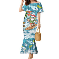 Hawaii Summer Christmas Family Matching Mermaid Dress and Hawaiian Shirt Surfing Santa Shaka Catch The Wave LT14 Mom's Dress Teal - Polynesian Pride
