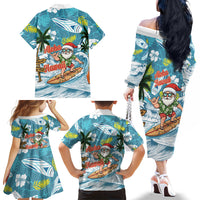 Hawaii Summer Christmas Family Matching Off The Shoulder Long Sleeve Dress and Hawaiian Shirt Surfing Santa Shaka Catch The Wave LT14 Mom's Dress Teal - Polynesian Pride
