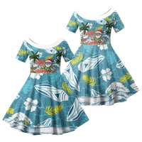 Hawaii Summer Christmas Family Matching Off The Shoulder Long Sleeve Dress and Hawaiian Shirt Surfing Santa Shaka Catch The Wave LT14 Daughter's Dress Teal - Polynesian Pride