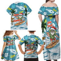 Hawaii Summer Christmas Family Matching Off Shoulder Maxi Dress and Hawaiian Shirt Surfing Santa Shaka Catch The Wave LT14 Mom's Dress Teal - Polynesian Pride