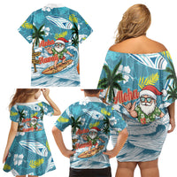 Hawaii Summer Christmas Family Matching Off Shoulder Short Dress and Hawaiian Shirt Surfing Santa Shaka Catch The Wave LT14 Mom's Dress Teal - Polynesian Pride