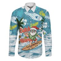 Hawaii Summer Christmas Family Matching Off Shoulder Short Dress and Hawaiian Shirt Surfing Santa Shaka Catch The Wave LT14 Daughter's Dress Teal - Polynesian Pride