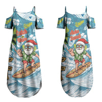 Hawaii Summer Christmas Family Matching Summer Maxi Dress and Hawaiian Shirt Surfing Santa Shaka Catch The Wave LT14 Mom's Dress Teal - Polynesian Pride