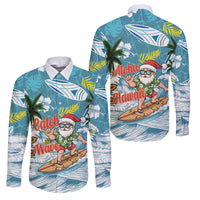 Hawaii Summer Christmas Family Matching Tank Maxi Dress and Hawaiian Shirt Surfing Santa Shaka Catch The Wave LT14 Dad's Shirt - Long Sleeve Teal - Polynesian Pride