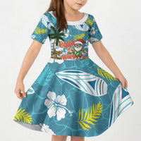 Hawaii Summer Christmas Kid Short Sleeve Dress Surfing Santa Shaka Catch The Wave LT14 KID Teal - Polynesian Pride