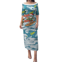 Hawaii Summer Christmas Puletasi Surfing Santa Shaka Catch The Wave LT14 Long Dress Teal - Polynesian Pride