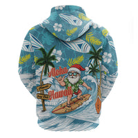 Hawaii Summer Christmas Zip Hoodie Surfing Santa Shaka Catch The Wave