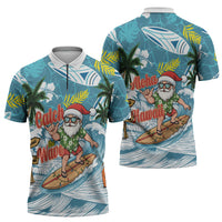 Hawaii Summer Christmas Zipper Polo Shirt Surfing Santa Shaka Catch The Wave LT14 - Polynesian Pride