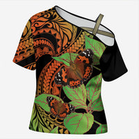 Kamehameha Butterfly Hawaii Cross Shoulder Shirt Hawaiian Pulelehua Mamaki Orange Green Color