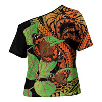 Kamehameha Butterfly Hawaii Cross Shoulder Shirt Hawaiian Pulelehua Mamaki Orange Green Color