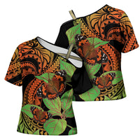 Kamehameha Butterfly Hawaii Cross Shoulder Shirt Hawaiian Pulelehua Mamaki Orange Green Color