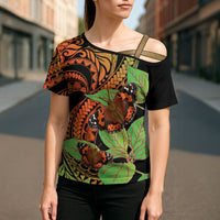 Kamehameha Butterfly Hawaii Cross Shoulder Shirt Hawaiian Pulelehua Mamaki Orange Green Color