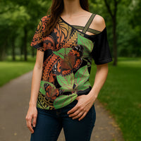 Kamehameha Butterfly Hawaii Cross Shoulder Shirt Hawaiian Pulelehua Mamaki Orange Green Color