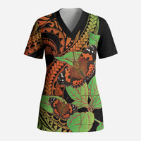 Kamehameha Butterfly Hawaii Scrub Top Hawaiian Pulelehua Mamaki Orange Green Color