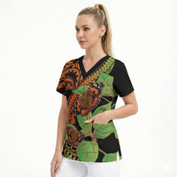 Kamehameha Butterfly Hawaii Scrub Top Hawaiian Pulelehua Mamaki Orange Green Color