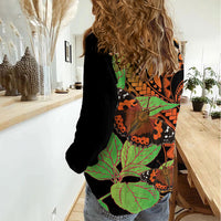 Kamehameha Butterfly Hawaii Women Casual Shirt Hawaiian Pulelehua Mamaki Orange Green Color