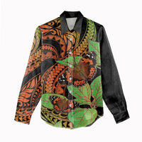 Kamehameha Butterfly Hawaii Women Casual Shirt Hawaiian Pulelehua Mamaki Orange Green Color