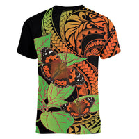 Kamehameha Butterfly Hawaii Women V-Neck T-Shirt Hawaiian Pulelehua Mamaki Orange Green Color