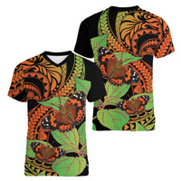 Kamehameha Butterfly Hawaii Women V-Neck T-Shirt Hawaiian Pulelehua Mamaki Orange Green Color