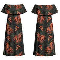Kamehameha Butterfly Mamaki Hawaii Couples Matching Off Shoulder Maxi Dress and Long Sleeve Button Shirt Pulelehua Hawaiian Kakau Seamless Style
