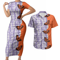 Kamehameha Butterfly Palaka Hawaii Couples Matching Short Sleeve Bodycon Dress and Hawaiian Shirt Pulelehua Honohono Pikake Lei